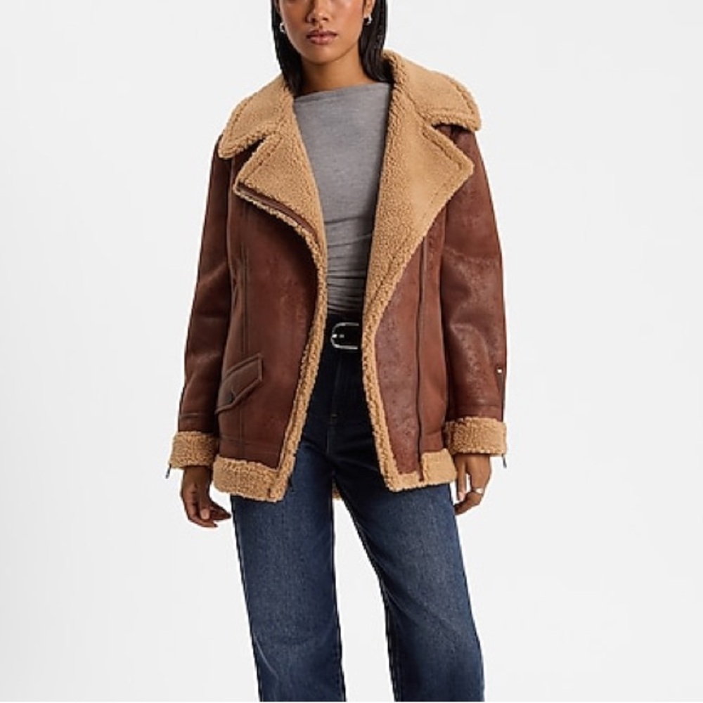 Express Women's Brown Shearling-Trim Aviator Jacket
